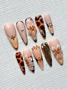 Relic Press On Nails Almond Long 10Pcs - Amber Gradient Antique Gold French With 3D Floral Water Drops & Crystal Pearl Beads - Vampire's Treasury Nail Art Kit Reusable With Nail Glue & File - Halloween Gothic Gold Nail Supplies - Multicolor - View 2