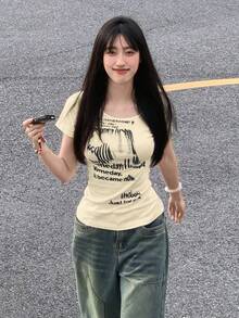 女士夏季韩版短袖纯色字母印花修身休闲T恤 - 杏色 - 查看 1