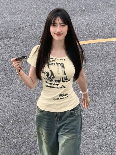 女士夏季韩版短袖纯色字母印花修身休闲T恤