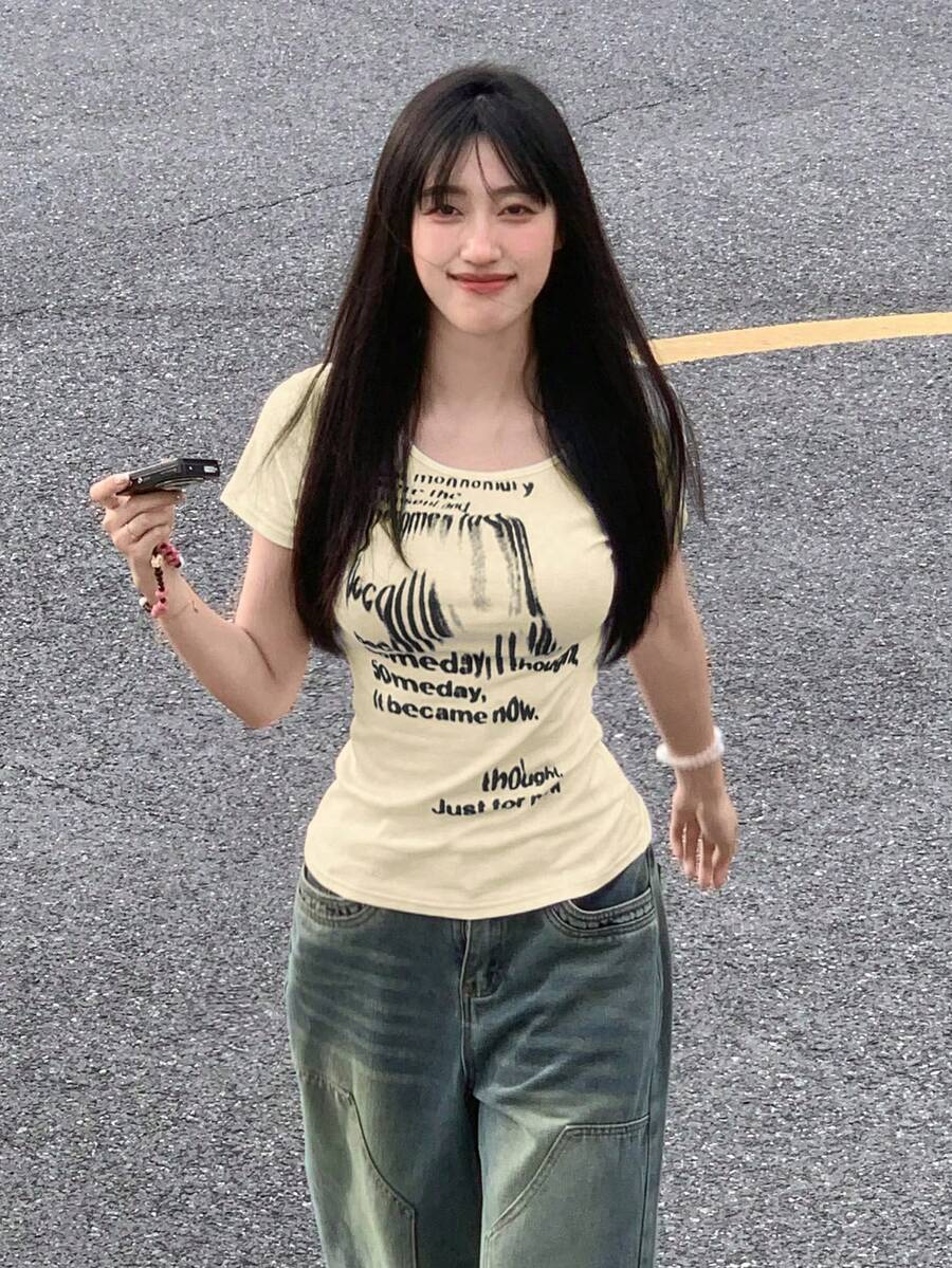 女士夏季韩版短袖纯色字母印花修身休闲T恤 - 杏色 - 查看 1