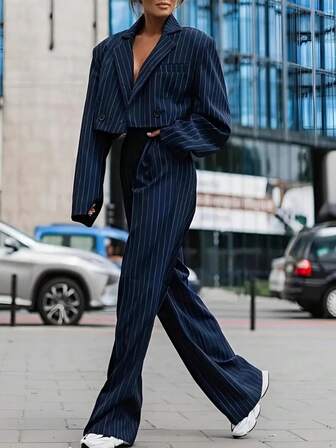 Women's Striped Lapel NeckLong Sleeve Jacket And Pleated Long Pants Casual Suit Set, Autumn