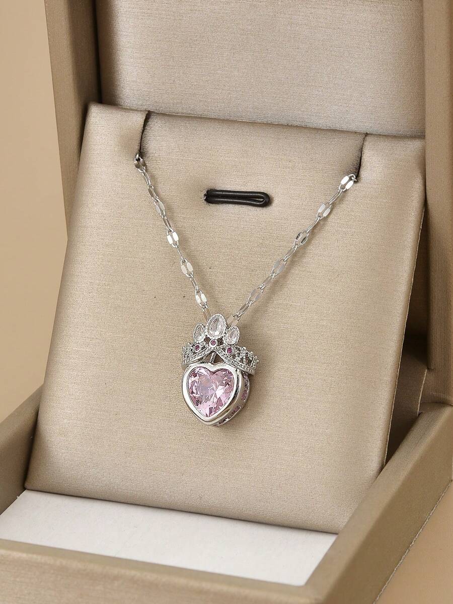 1 件锆石不锈钢心形项链，优雅的女士礼物 - 銀色 - 查看 1