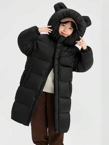 儿童及膝连帽外套;适合寒冷天气的男童和女童大衣 - 黑色 - 查看 5