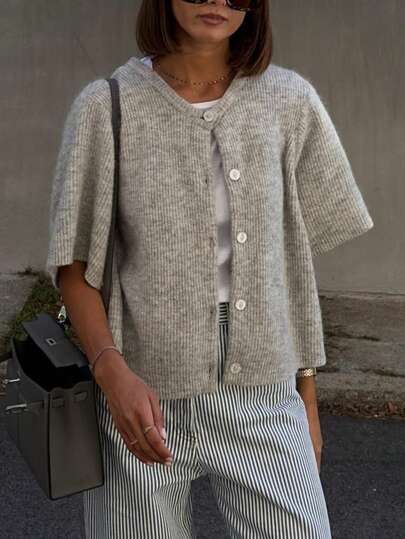 Women's Solid Color Cardigan Short Sleeve Round Neck Button Down Sweater Knit Tops