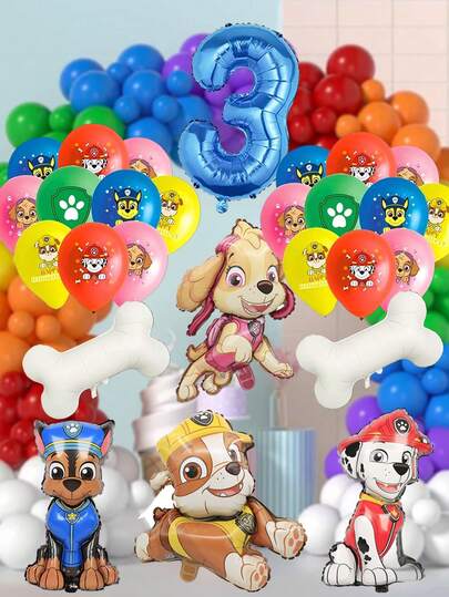 Paw Patrol 27件套汪汪队立大功主题生日派对气球套装，包含可爱的狗狗铝膜气球（如阿奇阿里和天天毛毛）、五色印花狗狗乳胶气球、两根骨头和蓝色数字，组成一套汪汪队立大功主题装饰气球套装。适用于生日、婚礼、订婚和周年纪念等主题派对装饰，也是圣诞家居装饰和圣诞礼物的理想之选。