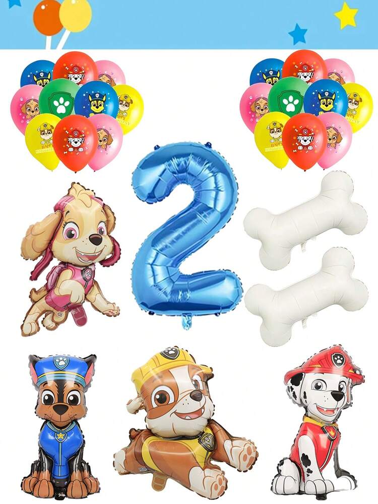 Paw Patrol 27件套汪汪队立大功主题生日派对气球套装，包含可爱的狗狗铝膜气球（如阿奇阿里和天天毛毛）、五色印花狗狗乳胶气球、两根骨头和蓝色数字，组成一套汪汪队立大功主题装饰气球套装。适用于生日、婚礼、订婚和周年纪念等主题派对装饰，也是圣诞家居装饰和圣诞礼物的理想之选。 - 彩色 - 查看 3
