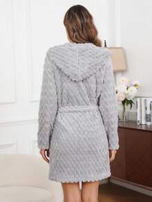 Furry Hooded Waist Tie Casual Sleepwear Fluffy Robe, Fall Winter, Cozy Outfits - Grey - View 2