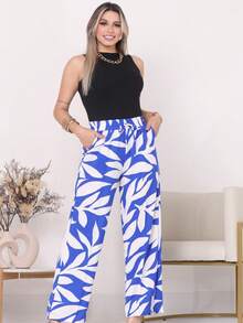 Loose Floral Palazzo Pants, Summer, Elastic Waist, Knife Pocket, Dune Fabric - 藍色和白色 - 查看 1