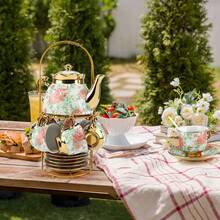 20-Piece Porcelain Tea Set With Metal Stand - Elegant European Floral Tea Cups & Saucers Set, Gold-Trimmed Coffee Service W/ EPS Foam Packaging, Stackable Porcelain Cups & Saucers For Afternoon Tea Gift - 款式2 - 查看 3