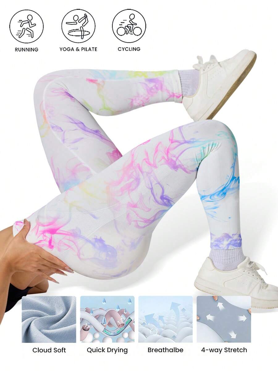 Plus Size Women Seamless High-Waisted Yoga Pants, Oversized Yoga Pants Are Very Fat, Can Be Worn With A High Waist And Nude. They Are 9/10 Plus Size Leggings, Yoga Pants And Leggings Yoga Pants Plus Size Plus Size Gym Clothes Tie-Dye - 白印花 - 查看 1
