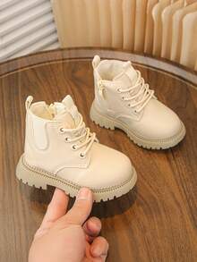 1 双女童 2025 新款厚底英伦风时尚保暖百搭踝靴，适合冬季 - 米色 - 查看 2