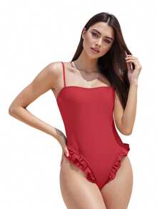 Traje de baño monokini para mujer, color sólido, tirantes finos, volantes, sin mangas, traje de baño de verano, bikini - Rojo coral - Ver 5