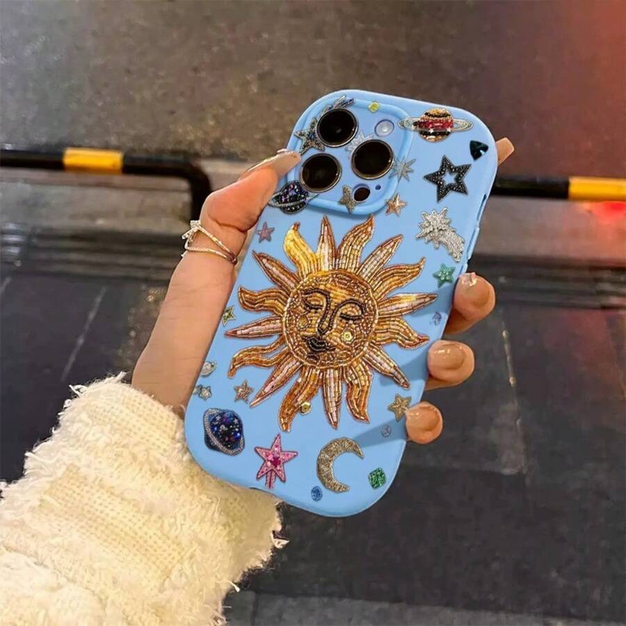 Light Pink Silicone Phone Case With Artistic Sun & Celestial Elements (Embroidered Sun, Stars, Planets, Hand - Crafted Style) - Stylish, Shockproof, Thick Protective Cover For IPhone 16/16 Pro/16 Plus/16 Pro Max/15 Pro Max/13/14/12