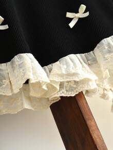 秋季少女休闲针织面料长袖蝴蝶结上衣和条纹长裤两件套 - 黑色 - 查看 5