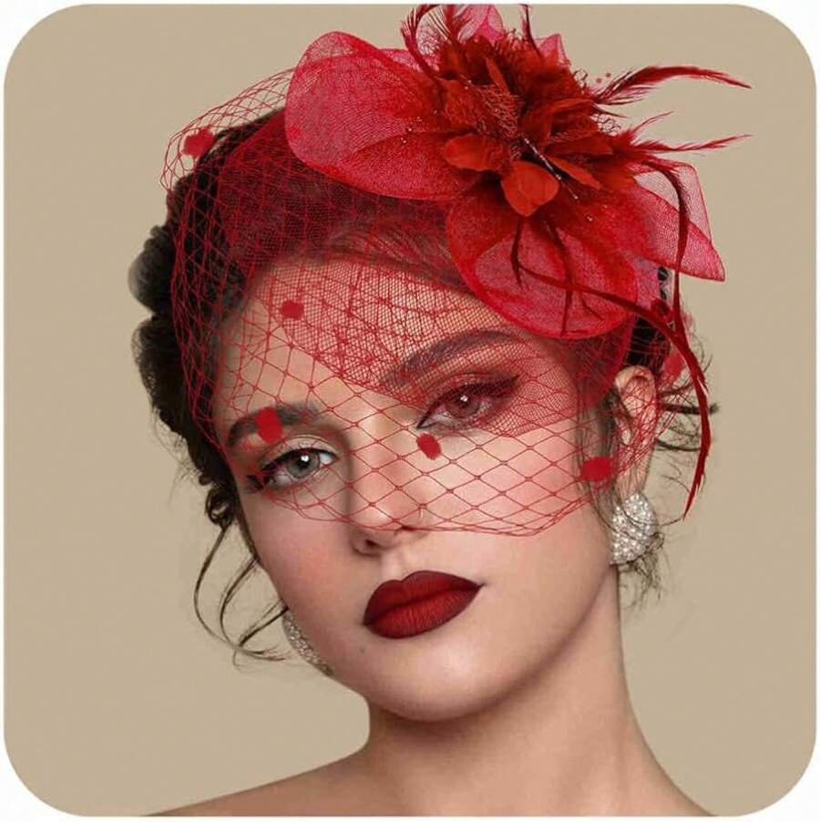 Fascinators Hats Women Tea Party Hat Mesh Headband Vintage Lace Cocktail Headwear Hair Clip Church - 紅色 - 查看 1