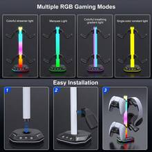 حامل للتحكم وسماعات الرأس مع أضواء RGB، منافذ USB، دعم للتحكم وسماعات الرأس، حامل لسماعات الرأس وأجهزة التحكم للطاولة والكونسول وغرفة الألعاب، هدية عيد ميلاد، هدية عيد الميلاد - الأسود - مشاهدة 3