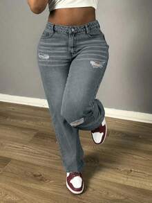 Women's Casual Loose Straight Leg Jeans, Paired With Distressed Decorations, Suitable For All Seasons, Suitable For Daily Outings, Parties, Back To School Season, Back To School Season, Rural Concerts - 灰色 - 查看 4