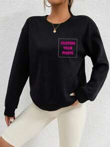 Customized Personalized Gifts, Customized Women's Round Neck Sweatshirts, Customized Front And Back Tops, Add Your Photos (Patterns/Logos/Family Photos/Selfies/Pets/Couple Photos), You Can Add Text And Photos On The Back, Choose Your Favorite Text, Customize Sweatshirts, Black Spring - Black - View 2