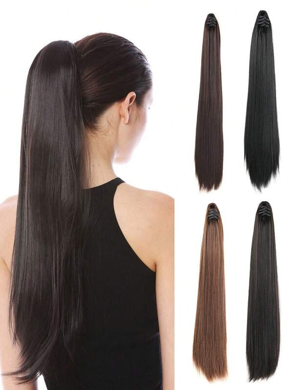 Ponytail Extension Straight Hair 20/24 Inch Long Synthetic Fake Pony Tail Wig Clip In Claw Clips Extensions Fluffy Faux Hair Pieces For Women Wedding Party Daily Use Darkest Brown