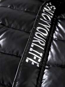 Boys' Casual Solid Color Thickened Warm Winter Jacket, Black Hooded Jacket With Embroidered Shoulder Patch And Pocket Design, Long Sleeve, Suitable For Cold Weather Outdoor And Daily Wear