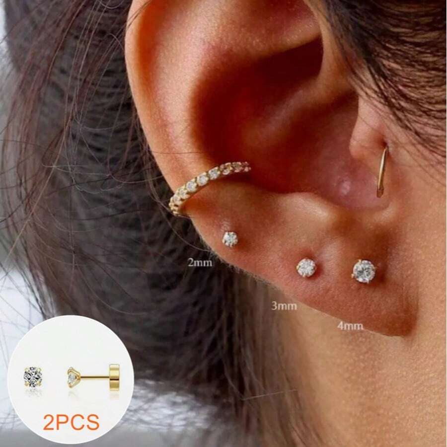 2 PCS 18K Gold Plated Solid Tiny Cubic Zirconia Stud Earrings, 2mm 3mm 4mm Flat Back Stud Earrings Cartilage Earring Helix Piercing Jewelry Earlobe Piercing Jewelry Gift For Women Girls