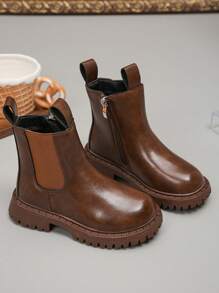 切尔西靴经典圆头仿皮踝靴侧拉链防滑鞋底秋冬女童男童儿童 - 棕色 - 查看 5