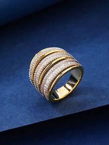 1pc Women's Copper Plated Simple Splice Gold Ring With Inlaid Rhinestones, Stylish Design, Suitable For Gift, Everyday And Holiday Wear - 011278 - View 6