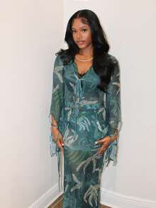 Steph T 女士度假荷叶边交叉露背褶边两件套荷叶边轻盈宽松波西米亚度假女士夏季温暖天气 - 彩色 - 查看 1