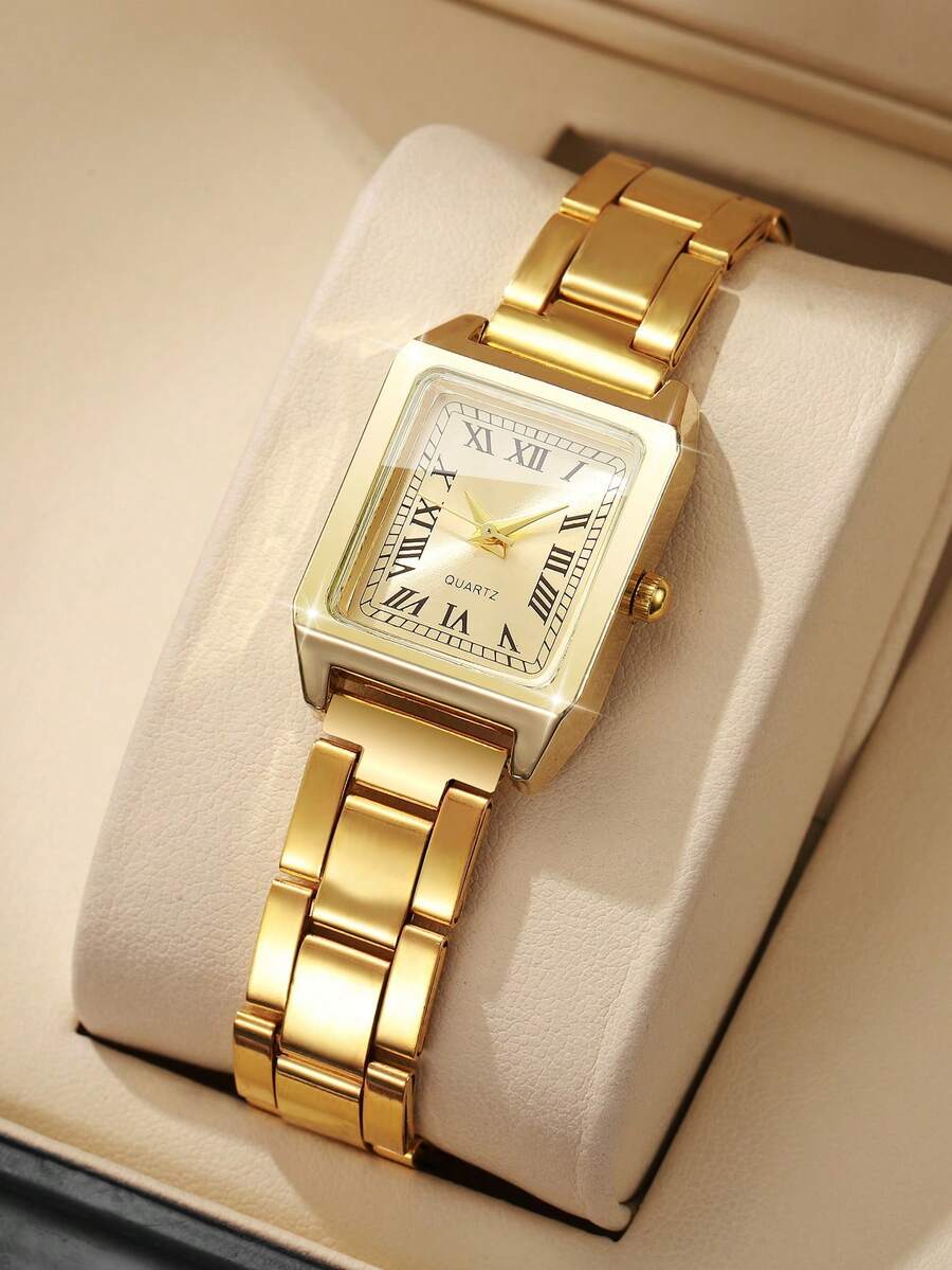 1pc Women's Fashion Casual Square Roman Numeral Dial Quartz Wrist Watch, Stainless Steel Band, Stylish & Elegant (1pc/Set), Watch Box Not Included - Gold - View 1