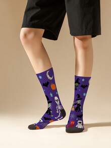 1 par de calcetines de bruja esqueleto morado y murciélago, estampado digital de arte de píxeles retro en poliéster, talla única que se ajusta a la mayoría, duraderos y cómodos para celebraciones de Halloween y regalos de la vida diaria