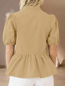 Womens Puff Sleeve Peplum Blouses Ruffle V Neck Summer Casual Tops Babydoll Loose Fit Shirts - 卡其色 - 查看 3