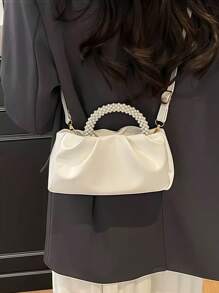 New Fashion Pearl Handbag Mini Square Bag, Shoulder & Crossbody Bag, Phone Pouch, Pearl Handbag For Wedding Party,Rookies & White-Collar Workers For Teacher Gifts/For Girl, Teen Girls For Lady For Business/Commute/Work/Office For Festivals/Vacation/Holiday For Outdoors/Outings/Travel/Hiking For Summer For Autumn And Winter For Fall Essential Fashionable Beige Canvas Retro Contrast PU Mini Handbag,Beach Bag,Holiday Essentials,Travel Bag