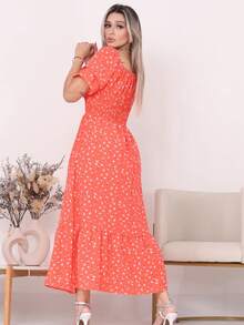 Women's Long Midi Dress With Puffer Sleeves And  Frills, Off-The-Shoulder, Tres Marias Floral - ORANGE FLOWER - View 3