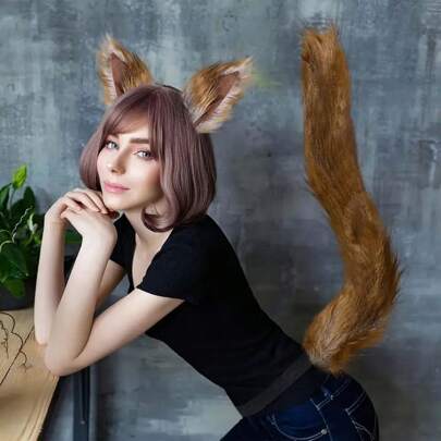 2 件复古棕色毛绒仿皮狐狸耳朵头带和尾巴套装，可爱的万圣节服装派对舞台表演道具