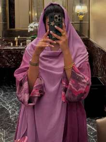 1件女款優雅抽象印花細節幾何圖案拼接長袖長版長袍，展現優雅成熟風格，適合四季穿著與文化活動，亦適用於日常與正式場合，是各種聚會、節慶與旅行的理想選擇 - 中紫紅色 - 查看 3