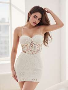 Dresses For Women Mesh Lace Floral Corset Top Tummy Control Short Prom Dress Backless White Cocktail Gown - trắng - Xem 5