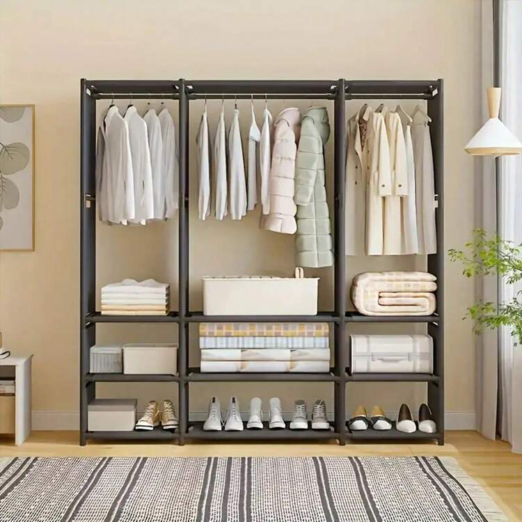1个多功能金属衣帽架，1-3层简约衣架带鞋架，黑/白防尘衣柜收纳架，新款卧室落地式衣帽架，时尚简约加厚钢管收纳架 - 彩色 - 查看 7