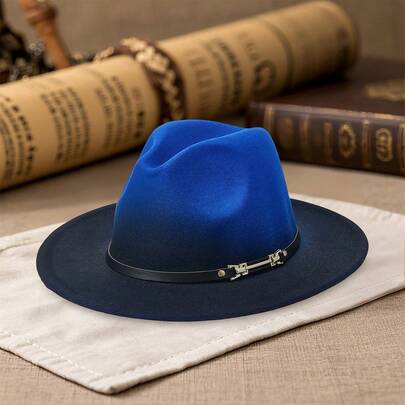 British Style Woolen Top Hat With Wide Brim Decorative Band Stylish Gradient Color Cap For Men Women