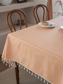 MeijiaMo 1pc Orange & White Plaid Printed Rectangular Tablecloth, Rustic & Fresh Farmhouse Style For Dining Table, Kitchen, Hotel, Bedroom, Living Room, Party & Holiday Decor, Handmade Tassel Trim - Orange - View 6