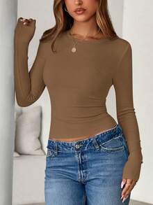 Women Spring And Fall Long Sleeve Shirts Ribbed Crewneck Fitted Basic Tee Going Out Tops Casual Workout Vacation Outfits - Dark Khaki - View 5