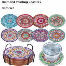 8pcs/set Mandala Pattern Diamond Painting Diy Coaster With Ab Shaped Resin Drills, Gift With Cup Mat - Multicolor - View 2