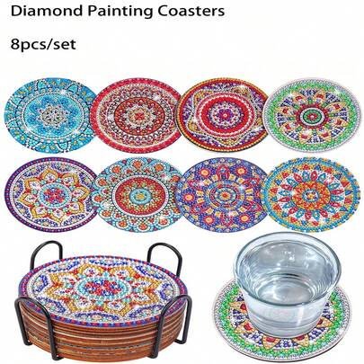 8pcs/set Mandala Pattern Diamond Painting Diy Coaster With Ab Shaped Resin Drills, Gift With Cup Mat