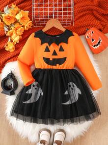 Girls' Fashionable Outdoor Casual Breathable Loose Halloween Orange Pumpkin Ghost Bat Mesh Long Sleeve Dress, Autumn - Orange - View 10