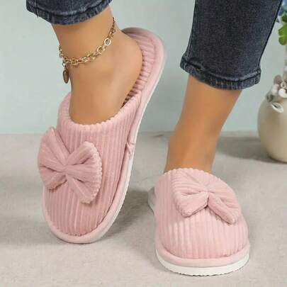 Pantuflas de felpa suave - Cómodas, cálidas, antideslizantes, lavables, adecuadas para el hogar y la habitación de invitados para uso en interiores, para todas las estaciones, suela de EVA, parte superior de tela, decoración con lazo, pantuflas cómodas para el hogar, textura suave, diseño con lazo, para uso doméstico