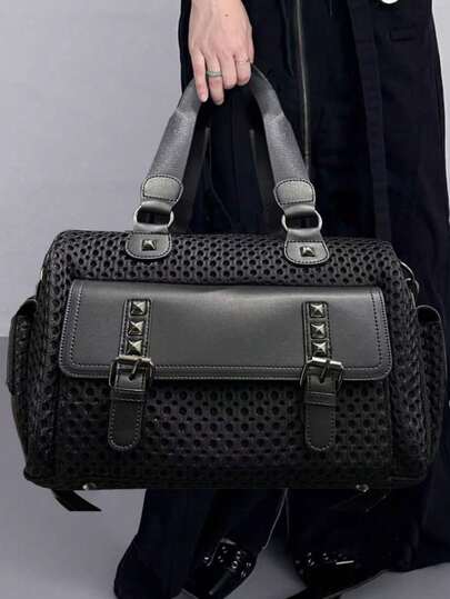 女士时尚 Y2K 网眼单肩包大容量拼接铆钉复古斜跨包多口袋都市街头风格手提包适合日常使用是完美的礼物