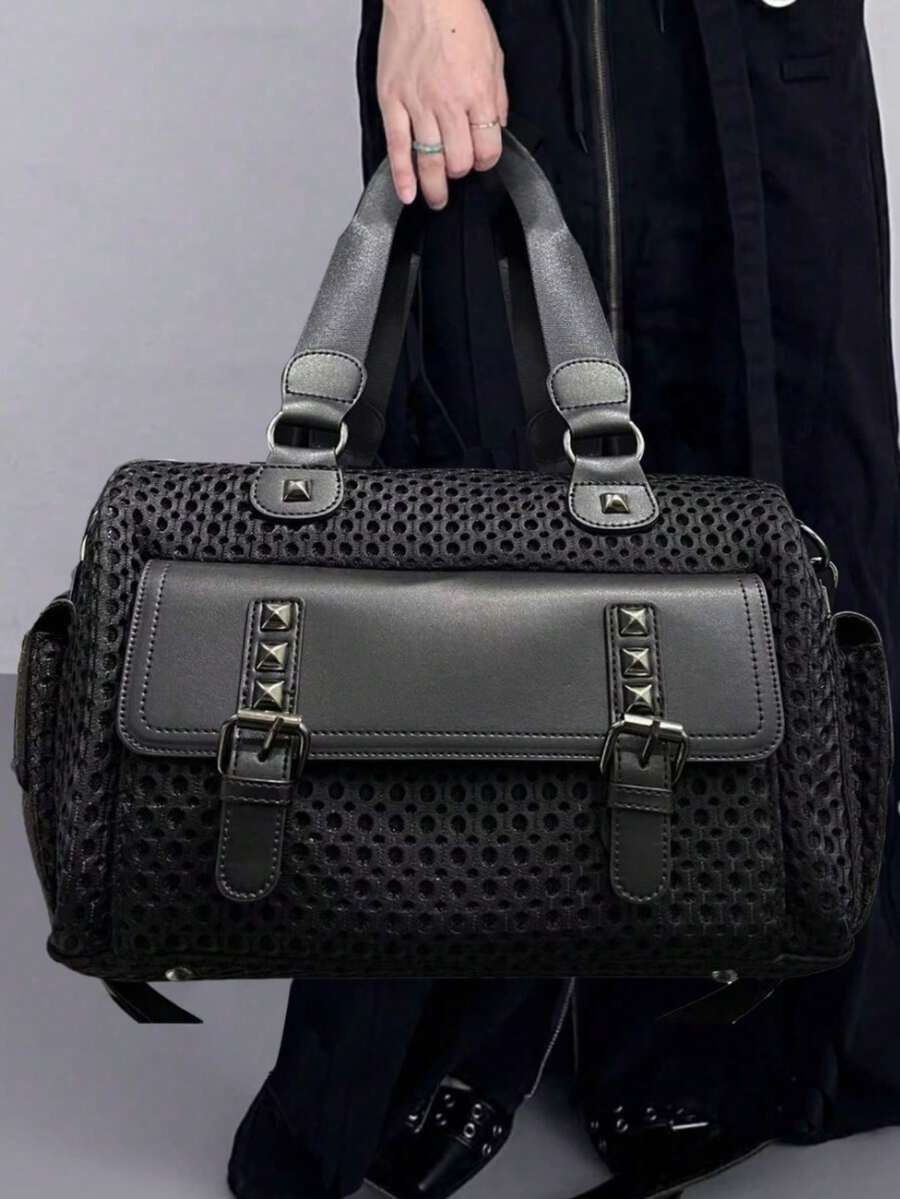 Women's Fashionable Y2K Mesh One Shoulder Bag, Large Capacity Patchwork Rivet Retro Crossbody Bag, Multi-Pocket Urban Street Style Handbag, Suitable For Daily Use And As A Gift - Black - View 1