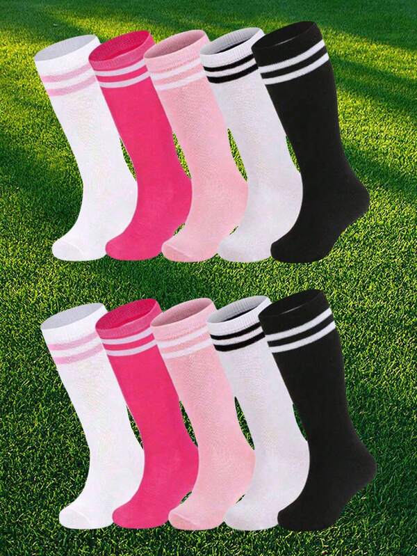 5 pares de calcetines de fútbol/fútbol para niños, calcetines deportivos a rayas largos adecuados para niños, niñas y adolescentes para correr, entrenar, fútbol, hockey, excelente regalo de vuelta a la escuela, Acción de Gracias/Navidad (Negro/Blanco/Rosa/Burdeos/Rayas)