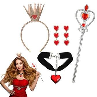 5pcs/Set Holiday Heart Queen Costume Accessories, Including Crown, Headband, Scepter And Wand, Suitable For Halloween Party, Valentine's Day Party, Holiday Party, Masquerade, Cosplay