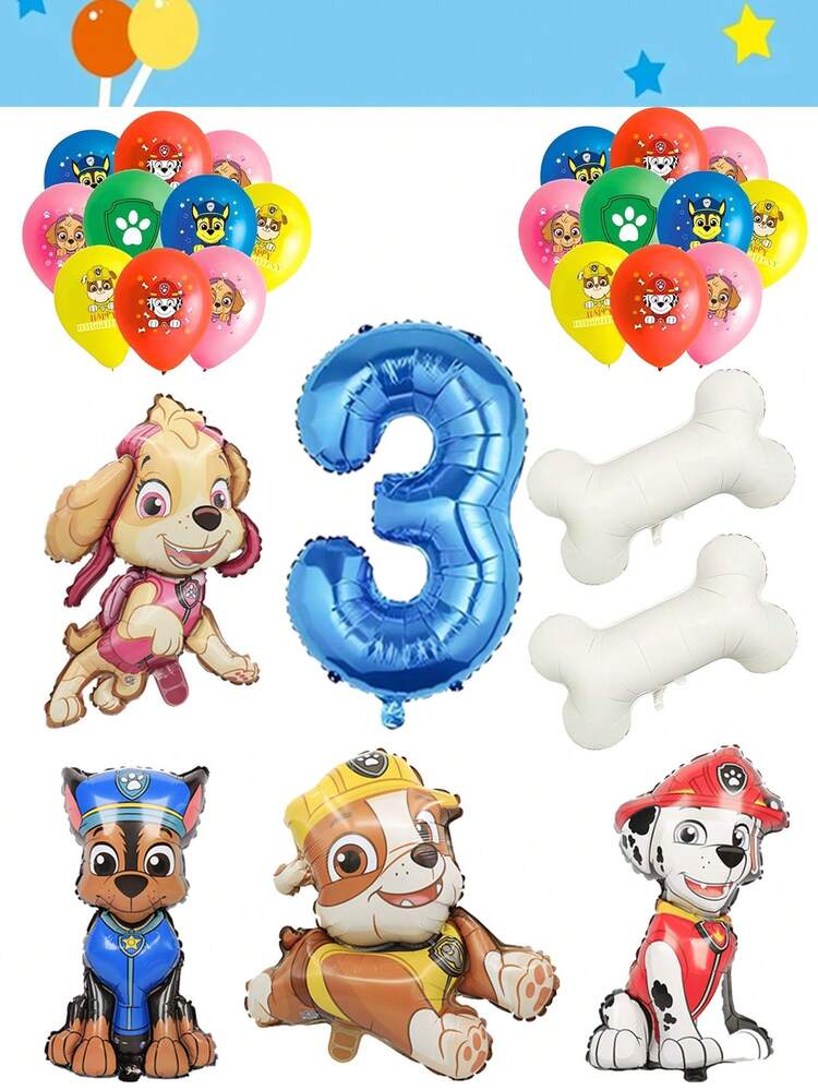 Paw Patrol 27件套汪汪队立大功主题生日派对气球套装，包含可爱的狗狗铝膜气球（如阿奇阿里和天天毛毛）、五色印花狗狗乳胶气球、两根骨头和蓝色数字，组成一套汪汪队立大功主题装饰气球套装。适用于生日、婚礼、订婚和周年纪念等主题派对装饰，也是圣诞家居装饰和圣诞礼物的理想之选。 - 彩色 - 查看 6