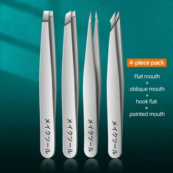 4-Piece Stainless Steel Tweezers Set - Professional Precision Slanted Tip Tweezers For Eyebrow, Facial Hair, And Blackhead Removal - Neutral Blackhead Extractor For Residue-Free, Precise Cleansing